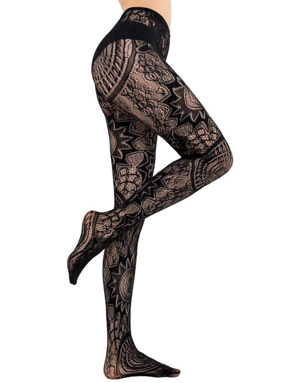 Women's Mandala Pattern Lace Gothic Black Fishnet Tights Pantyhose Stockings